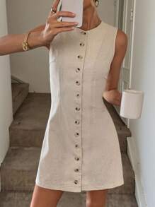 Easowa 亚麻纽扣前收腰喇叭形 A 字无袖迷你连衣裙，女士休闲度假优雅街头服饰 - 杏色 - 查看 3