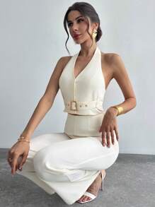 Firerie Women's Elegant Sleeveless Backless Halter Neck Fashion Blazer Set 2pcs Women Summer Elegant Casual Outfit, Work Clothes,Vacation, Graduation, Daily Wear,Commuter,Loose V-Neck Sleeveless Tied Waist Elastic Waist Straight Leg Pants, Beige In Fall/Winter