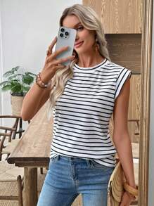EMERY ROSE Women's Summer Striped Round Neck Cap Sleeve Casual Versatile T-Shirt Going Out Tops Women - Black and White - View 7