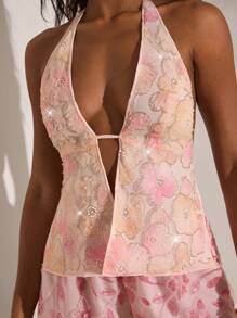 Opulessa Halter Backless Beaded Embroidery Woven Women's Sleeveless Top, Sexy Holiday Summer Vacation - Pink - View 3