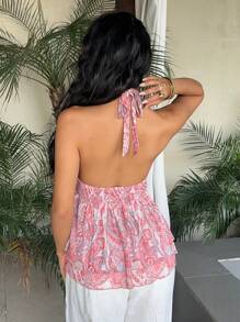 Sunnyshic Women's Summer Vacation Casual Mesh Paisley Print Halter Neck Tie-Back Bow Tank Top