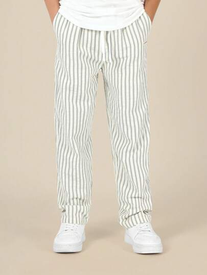 SUMWON Comfortable Striped Casual Summer Pants Classic Straight Leg Youth Athletic Bottoms Vertical Pinstripe Daily Wear