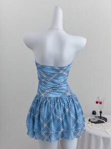 Elamini 蓝色格纹甜美浪漫沙滩度假露肩褶饰腰部荷叶边下摆连衣裙欧美风春夏 - 藍色 - 查看 2