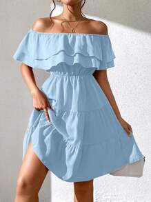 Chiquease Solid Color Ruffled Trim Off-Shoulder Elegant Dress - Blue - View 6