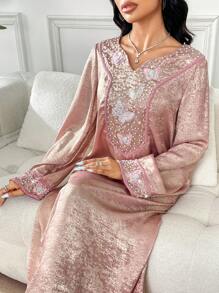 Yasmyna 女式缺口领口串珠刺绣优雅长袖土耳其和阿拉伯传统长裙，端庄 - 粉色 - 查看 6