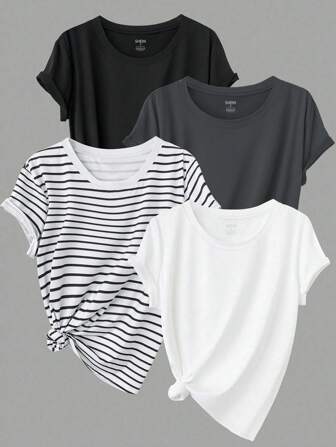 EMERY ROSE 4 PIEZAS Camiseta para mujer de manga corta, camiseta casual con gráfico, tops para mujer