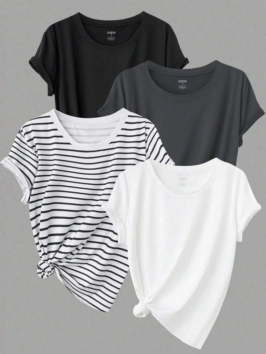 EMERY ROSE 4PCS Women's T-Shirt Short Sleeved Casual Top Graphic Tees Women Tops