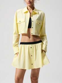 Menodora SHEIN Sport 2 件女士休闲纯色梭织短款宽松薄夹克和低腰裙套装 - 黃色 - 查看 8