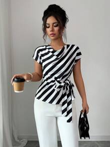 Selianne 女士法式优雅通勤高领结设计休闲黑白条纹衬衫，适合约会、日常穿着、返校 - 黑與白 - 查看 6