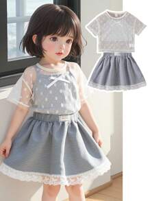 2 件套年轻女孩通勤休闲雏菊罩衫短袖 T 恤和无袖蝴蝶结上衣搭配灰色迷你裙，春夏 - 灰色 - 查看 8