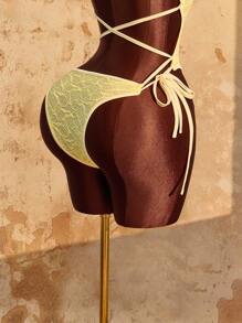 Amplova Deep V-Neck Criss-Cross Backless Bowknot Tied Textured Fabric Bodysuit