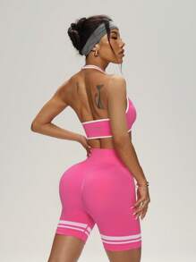 Easithlete Conjunto deportivo de top de tirantes con nudo y dobladillo retorcido, y shorts para mujer