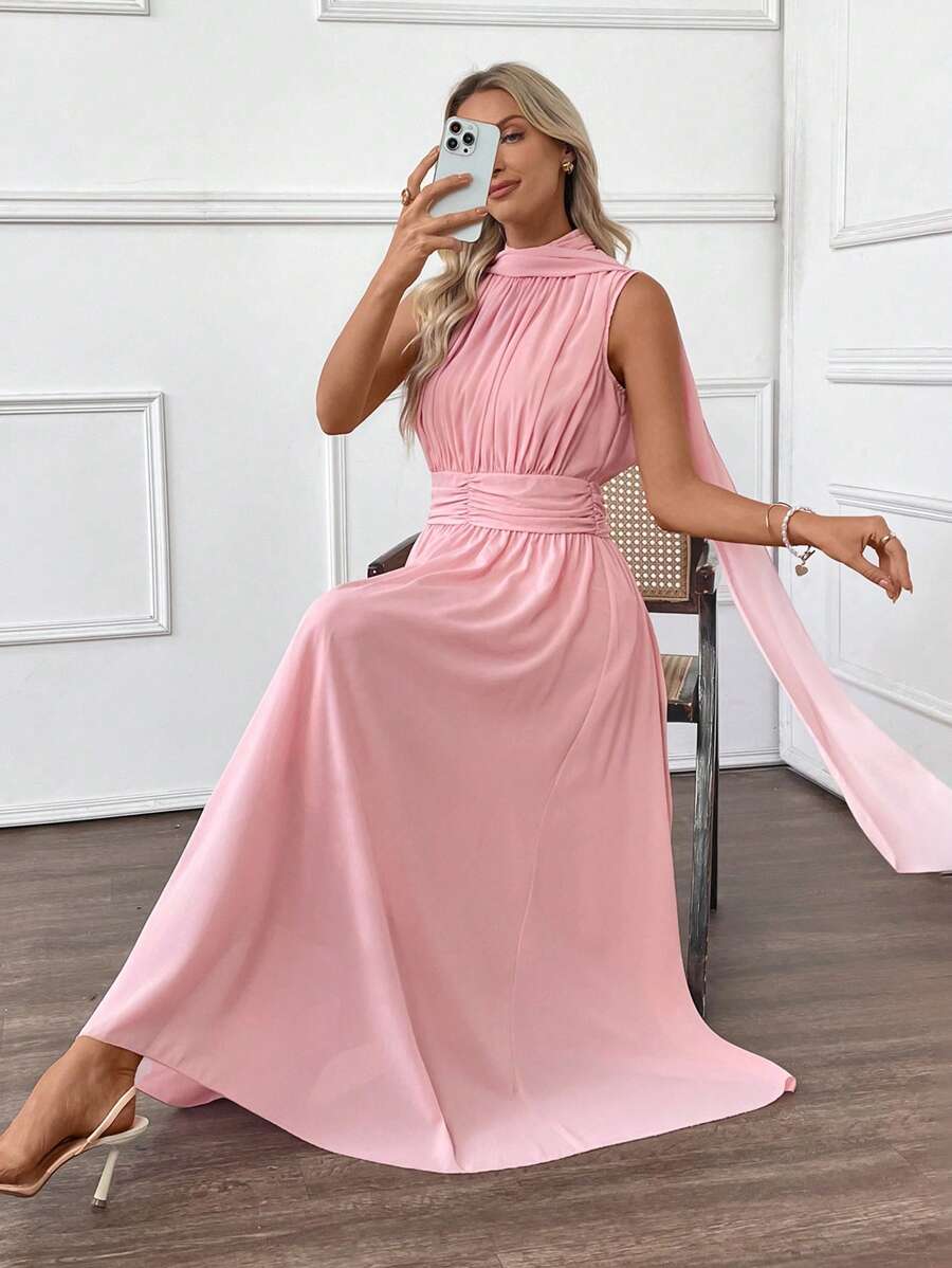 EMERY ROSE Women's Solid Color Pleated Sleeveless Splice Draped Elegant Mid-Length Dress - Pink - View 1