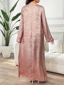 Yasmyna 女式缺口领口串珠刺绣优雅长袖土耳其和阿拉伯传统长裙，端庄 - 粉色 - 查看 3