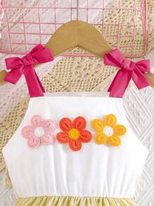 Young Girl' Cute Bowknot Floral Embroidery Patchwork Strap Dress, Suitable For Outdoor Vacation, Spring/Summer
