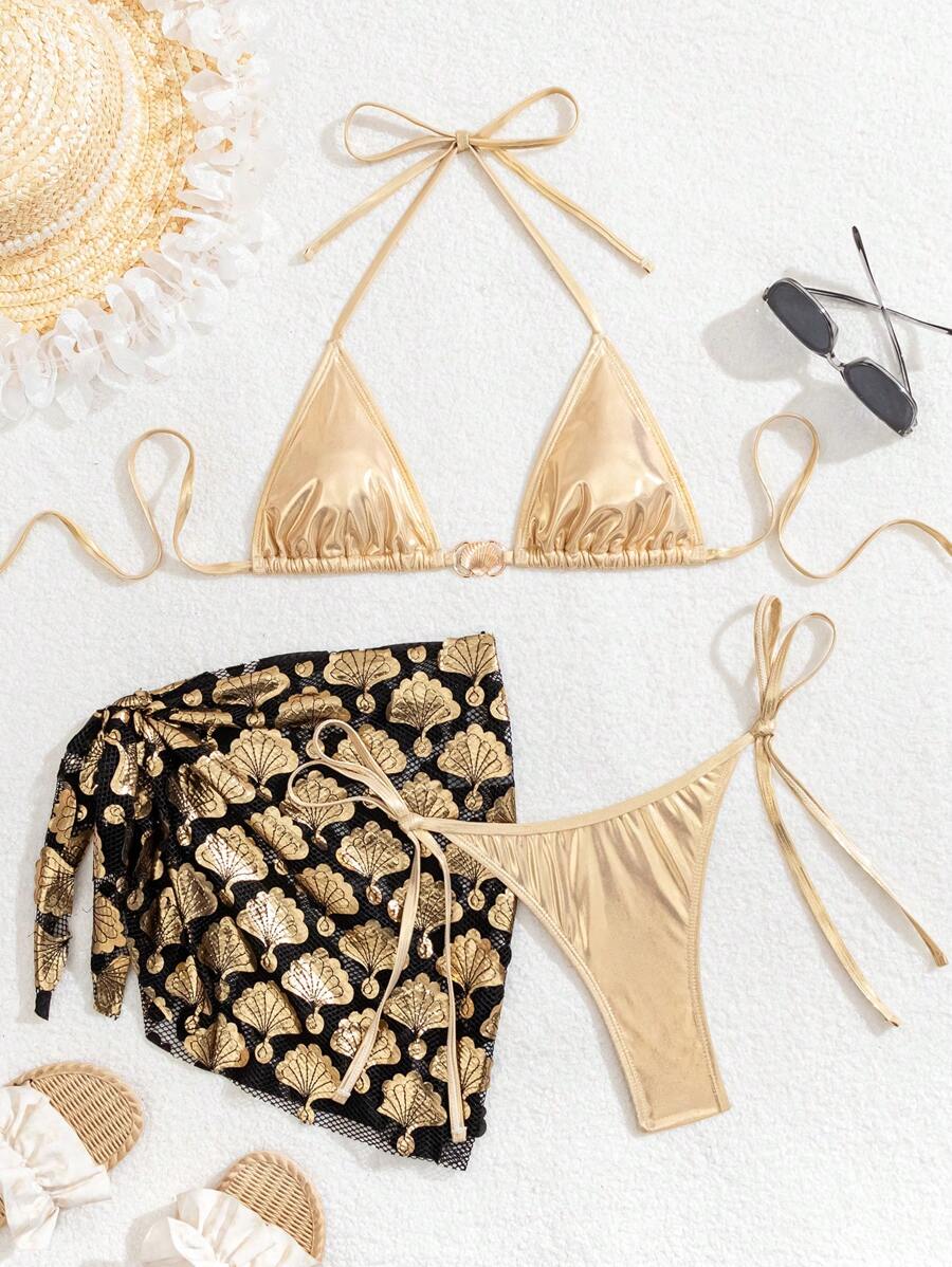 Swim Vcay Spring & Summer Fashionable Metallic Seashell Pattern 3 PiecesSexy Swimsuit Set, Beach Vacation