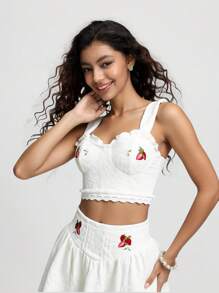 SHEIN MOD 女式蕾丝边草莓图案吊带背心和迷你裙两件套，女士夏装，度假，女士沙滩装，沙滩度假装，女士生日装，女士早午餐装，茶会，乡村音乐会装，乡村音乐会装，狂欢节装，草莓图案刺绣，两件套夏季套装，夏威夷女士装 - 白色 - 查看 8