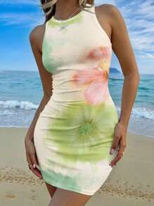 SHEIN EZwear 女款休閒極簡全幅印花海灘度假風花卉漸層圓領無袖修身中長洋裝/迷你洋裝，夏季時尚洋裝 - 彩色 - 查看 5