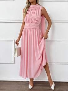 EMERY ROSE Women's Solid Color Pleated Sleeveless Splice Draped Elegant Mid-Length Dress - Pink - View 7