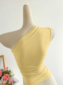 Elamini Apricot Ruched Asymmetric Shoulder Tight Fitted Top, Fashionable Minimalist Casual Elegant Versatile For Daily Wear & Commute, Spring/Summer - Yellow - View 4