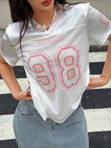 SHEIN Unity 女款短袖足球球衣，巴西足球 98 号图案印花，V 领，粉色和白色，时尚休闲 T 恤，适合日常穿着 - 白色 - 查看 6