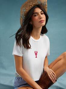WESTFADE Lobster Embroidered Knit Crew Neck Boxy Cropped Short Sleeve Shrunken Baby Tee, Cute Western Wear, Fall, Back To School, Autumn, Winter, Boho, Casual - White - View 1