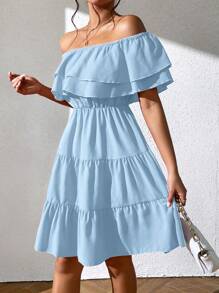 Chiquease Solid Color Ruffled Trim Off-Shoulder Elegant Dress - Blue - View 5