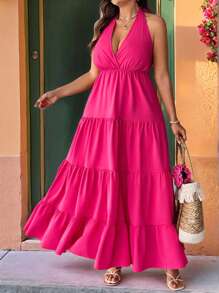 Flirla Plus Size Sexy Romantic Date Backless Bowknot Ruffle Hem Maxi Dress - Hot Pink - View 6