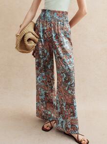 Écloséra 法式复古腰果花褶皱腰荷叶边下摆女士春夏度假阔腿裤