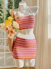 Skyraze Conjunto Retrô de Top Alça de Pescoço Colorida com Listras para Mulheres