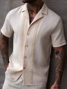 Manfinity Homme 男士系带装饰纽扣短袖宽松休闲衬衫 - 杏色 - 查看 5