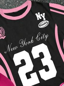 SHEIN Leap Crew 可爱字母和数字 23 粉色条纹针织图案少女休闲简约圆领短袖 T 恤，适合夏季 - 彩色 - 查看 4