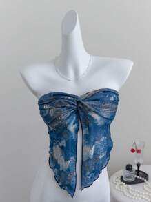 Elamini Blue Mesh Floral Print Tube Top, Fashionable Resort Style, Front Knot Design - Blue - View 7