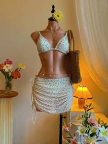 SHEIN MOD 3pcs Set:White Floral Bikini With Lattice Back Strap,Ruffled Mini Skirt Cover Up,Summer Tropical Bathing Suit For Beach Vacation,Pool Party,Holiday - Yellow - View 1