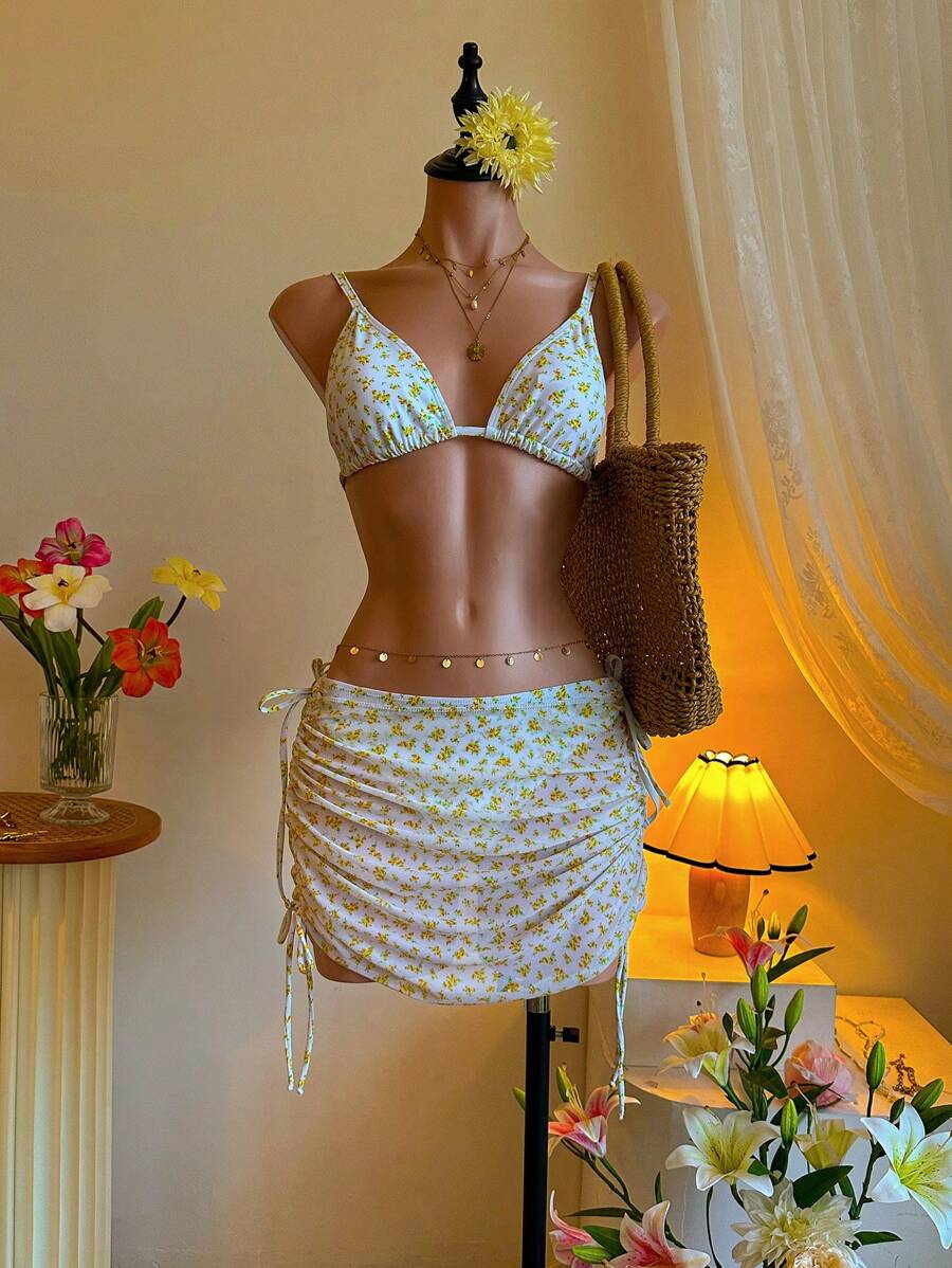 SHEIN MOD 3pcs Set:White Floral Bikini With Lattice Back Strap,Ruffled Mini Skirt Cover Up,Summer Tropical Bathing Suit For Beach Vacation,Pool Party,Holiday - Yellow - View 1