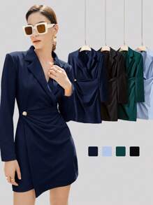 BizChic 女士秋季翻领裹身连衣裙，休闲都市通勤简约时尚基础商务休闲装，OL正式音乐会优雅礼服