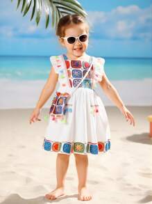 SHEIN Conjunto de vestido mini y bolso de niña con adornos florales coloridos y flecos de estilo crochet falso