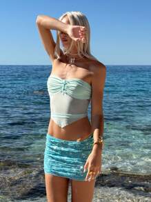 SHEIN ICON חולצה אופנתית עם אפליקציה ורשת לנשים, חולצות קיץ חמודות ופרספקטיבה סקסית - ירוק - ראה 6