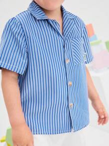 SHEIN Boys' Loose Casual Plaid Simple Comfortable Turndown Collar Pocket Decorative Shirt - Baby Blue - View 3