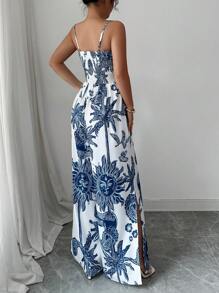 Elenzga 女装夏季新款优雅休闲假日腰部镂空花卉太阳印花V领无袖束腰阔腿连体裤 - 藍白色 - 查看 2