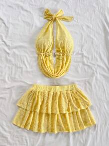 Soleia Conjunto de vacaciones de mujer de color amarillo mantequilla para playa, conjuntos de verano de mujer, conjuntos de 2 piezas para uso diario, conjunto de falda y parte superior de verano, conjunto de 2 piezas amarillo de verano