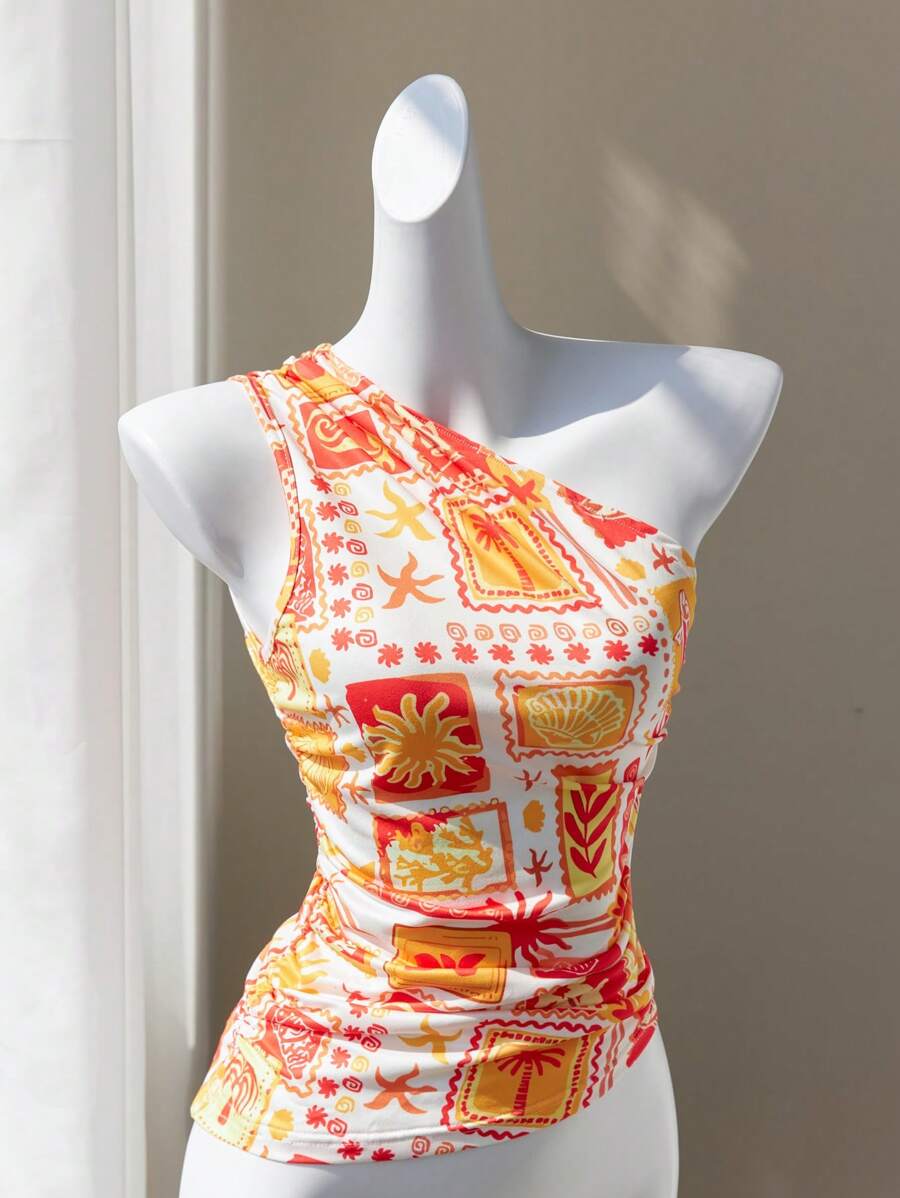 Lunelith SHEIN Lunessa Top court moulant avec épaule asymétrique froissée à la taille, imprimé graphique coloré. Décontracté, plage, élégant, mignon, quotidien, sortie, été pour femme