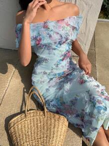 Chiquease Women Random Floral Print Bodycon Dress, Spring/Summer - Baby Blue - View 4