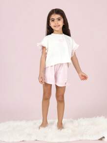 Conjunto de pijama de verano con mangas con volantes de SUMWON, con estampado de rayas, ropa de dormir cómoda, tela suave, atuendo para la hora de acostarse para uso casual y de vacaciones - Rosa - Ver 1