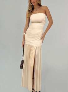 Siren Gaze Elegant Summer Outfits For Women: 2025 Strapless Maxi Dress With Sheer Mesh High Slit - Office Wear & Wedding Guest Dress Women, Easter Dress For Music Festival, Y2K Business Casual Chic Evening Gown Women Casual Dress Women Dresses Birthday Women S Clothes Women Summer Clothing Woman S Summer Clothes Beige Midi Dress Tan Midi Dress Nude Midi Dress Strapless Midi Dress Elegant Midi Dress - Apricot - View 4