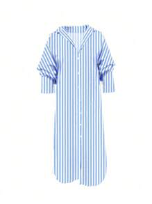 Uhlyne Robe chemise ample et ample à rayures avec épaules tombantes pour femmes, tenue maxi