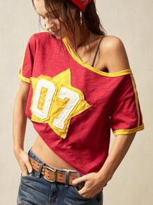 Bohemela 波西米亚风美式休闲风格针织拼色不对称肩部短袖宽松女士T恤 - 紅色 - 查看 4