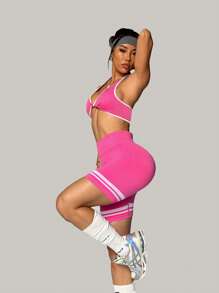 Easithlete Conjunto deportivo de top de tirantes con nudo y dobladillo retorcido, y shorts para mujer