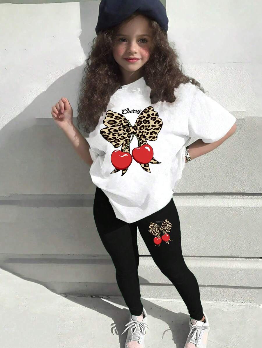 SHEIN 返校少女时尚休闲豹纹樱桃字母图案圆领短袖T恤豹纹打底裤套装个性街头套装夏秋装 - 彩色 - 查看 1