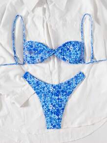 SHEIN Swim 2pcs Women's New Ditsy Floral Spaghetti Strap Top And Bikini Bottoms Sexy Bikini Set Set For Summer Beach Vacation